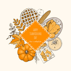 Thanksgiving day top view vector illustration. Food label hand drawn sketch. Festive dinner with turkey and potato. Autumn food sketch. Engraved image.