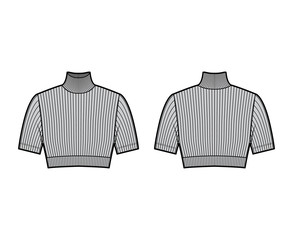 Cropped turtleneck ribbed-knit sweater technical fashion illustration with short sleeves, close-fitting shape. Flat jumper apparel template front back grey color. Women men unisex shirt top CAD mockup