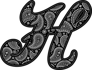 Wall Mural - capital letter H with paisley pattern design. Embroidery style in black color. Isolated on white