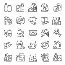 Supermarket Products, Packaging, Icon Set. Food In The Market, Linear Icons. Line With Editable Stroke