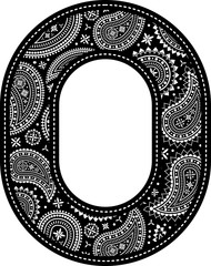 number 0 with paisley pattern design. Embroidery style in black color. Isolated on white