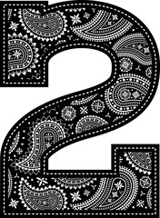 number 2 with paisley pattern design. Embroidery style in black color. Isolated on white