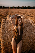 Attractive Girl On Dry Haystack