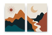 Abstract Contemporary Landscape Posters. Modern Boho Background Set With Sun Moon Mountains, Minimalist Wall Decor. Vector Art Print