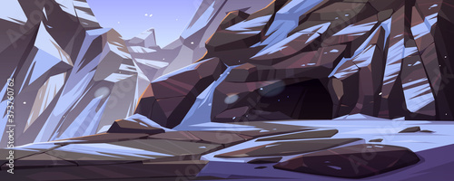 Cuadros en Lienzo Entrance to cave in mountain with ice and snow on rocks around