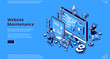 © klyaksun - Website maintenance banner. Concept of update internet software, development and management webpages. Vector landing page of site under construction with isometric working people and computer screen