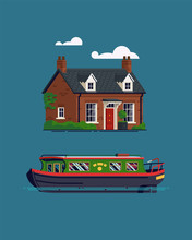 Cute Flat Design Vector Illustration On British Countryside Vacation And Recreation With Narrow Canal Boat And Small Georgian Cottage Or Guest House