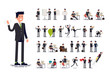 Office worker in formal suit. Large set of vector flat character design on businessman working and presenting process gestures, actions and poses. Ideal for business or financial infographics