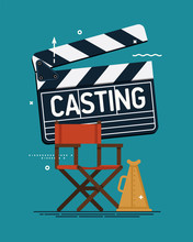 Cool Vector Casting Concept Illustration. Movie Producing, Film Direction, Studio Shooting Stage Design Elements. Director's Chair, Loud Speaker And Clapper Board