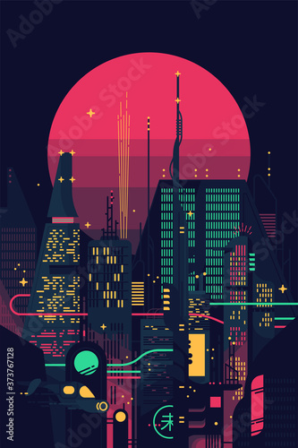 Fotomural Cool retro futuristic synthwave background with night dystopian cityscape and gigantic pink planet or sun silhouette