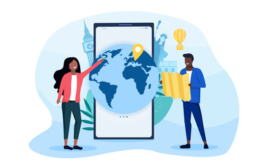 Poster - Travel Choice concept with black couple choosing a global destination using an app and map, colored vector illustration