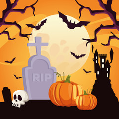 Wall Mural - happy halloween card with skull and pumpkin in cemetery