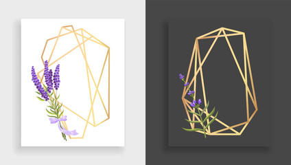 Geometric frame polyhedron. Abstract gold floral frame with leaves and branch of lilac. Luxury decorative modern polygonal geometric banner. Polyhedron closeup. Beautiful wedding card templates