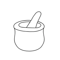 Vector outline illustration of witch mortar and pestle for making magic, cooking a potion, simple doodle hand drawn image, black and white drawing for Halloween holiday celebrations