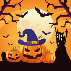 Sticker - happy halloween card with castle and pumpkins scene