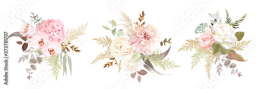 Fotografía Dusty pink and ivory beige rose, pale hydrangea, peony flower, fern, dahlia