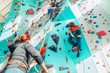 © Soloviova Liudmyla - Mother and teenage son at indoor climbing wall gym. Boy using a top rope belay with climbing harness and mom belaying him on the floor using a belay device. Happy parenting concept image