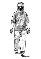 Sticker - Sketch of bearded man in mask and gloves walking along street