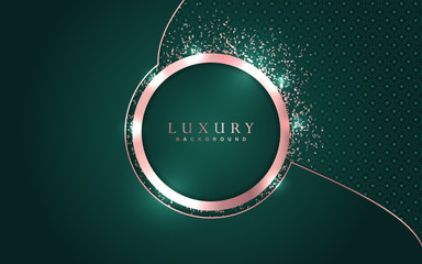 Poster - Luxury background design green and rose golden element decoration. Elegant paper art shape vector layout template for use cover magazine, poster, flyer, invitation, product packaging, web banner