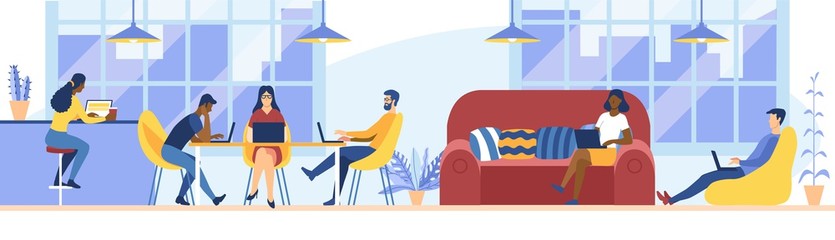 Poster - Diverse People Working, Relaxing, Drinking Coffee and Messaging with Gadgets in Coworking Area or Office. Teamwork Communication, Digital Technologies and Crowdsourcing People Flat Vector Illustration