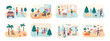 © alexdndz - Travel vacation bundle of scenes with people characters. Couple with luggage boarding in airport situations. Summertime beach vacation, camping in forest, traveling by car cartoon vector illustration.