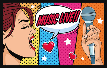 Canvas Print - young woman with speech bubble love music and microphone pop art style