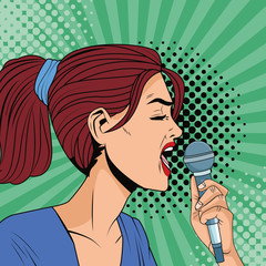 Sticker - young woman singing with microphone character pop art style