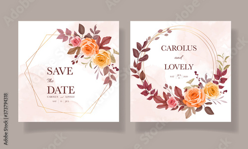 Wedding invitation beautiful hand drawing flower and leaves template set Poster Mural XXL