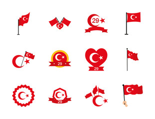 Poster - flags and turkey republic icon set, flat style