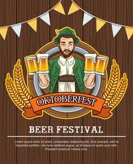 Poster - happy oktoberfest celebration card with german man drinking beers in wooden background