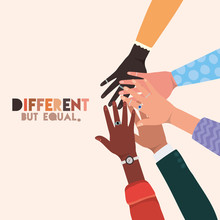 Different But Equal And Diversity Skins Hands Touching Each Other Design, People Multiethnic Race And Community Theme Vector Illustration