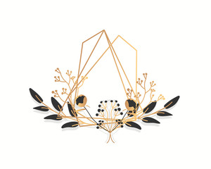 Poster - Abstract gold floral frame with exotic tropical leaves, branches, berries. Luxury decorative polyhedron blank banner closeup. Modern polygonal geometric empty template for text. Vector illustration