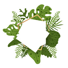 Poster - Abstract gold floral frame with green exotic tropical leaves, branch, berries. Polyhedron white banner closeup. Luxury decorative modern polygonal geometric empty template for text Vector illustration
