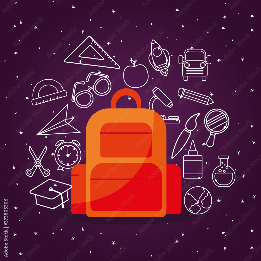 bag with icon set on stars background design, Back to school eduacation ...