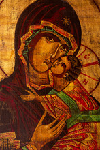 Icon Painted In The Byzantine Or Orthodox Style Depicting The Virgin Mary And Jesus.
