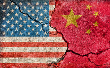 Wall Mural - Grunge country flag illustration (cracked concrete background) / China vs USA (Political or economic conflict)