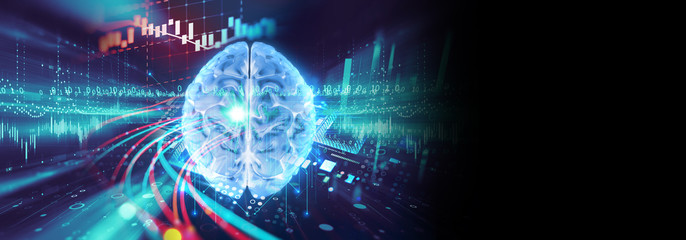 3d illustration of human brain  on artificial technology element banner.