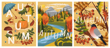 Autumn Mood. Vector Set Of Hand Drawn Illustrations. Fall Season Posters, Bullfinch Bird On A Tree, Nature Autumn Landscape With River And Forest