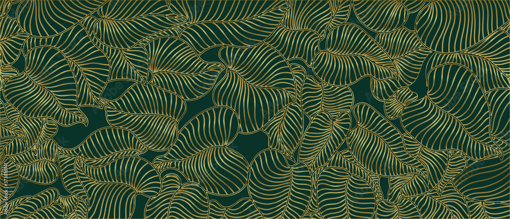Golden monstera leaf botanical modern art deco wallpaper background ...