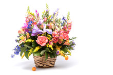 Bouquet Of Bright Flowers In Basket Isolated On White Background. Mothers Day Or Valentines Day Concept