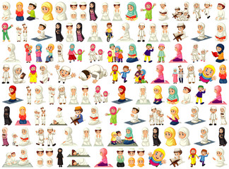 Sticker - Set of different muslim people cartoon character isolated on white background