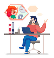 Fototapete - Business partners communicating, using video calling. Women discuss work issues from a distance. Concepts data analysis teamwork. A team of analysts holds a meeting and develops a marketing strategy
