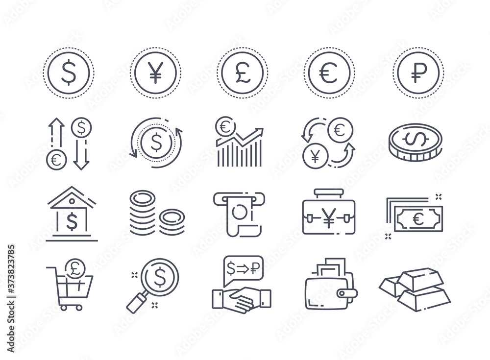 Large collection of 20 different money, banking, financial and transaction icons with assorted currencies, black and white vector illustration - obrazy, fototapety, plakaty 