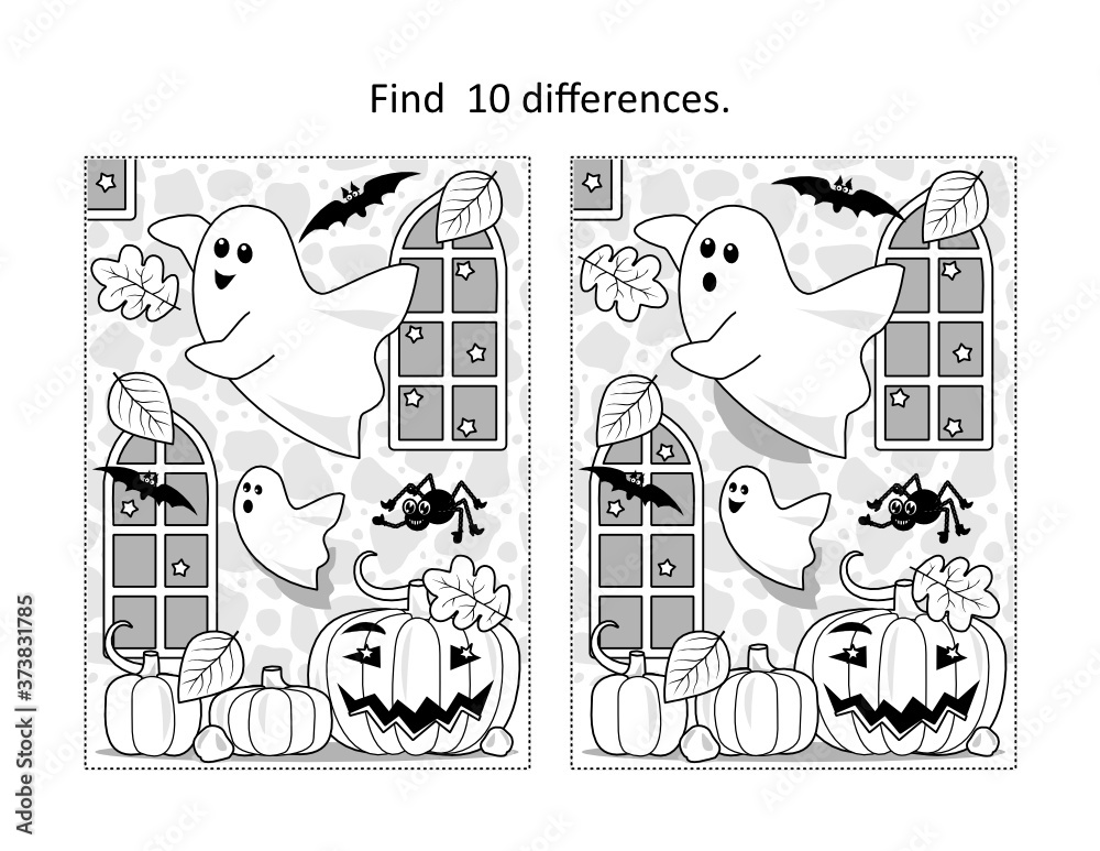 Find 10 differences visual puzzle and coloring page with Halloween ...