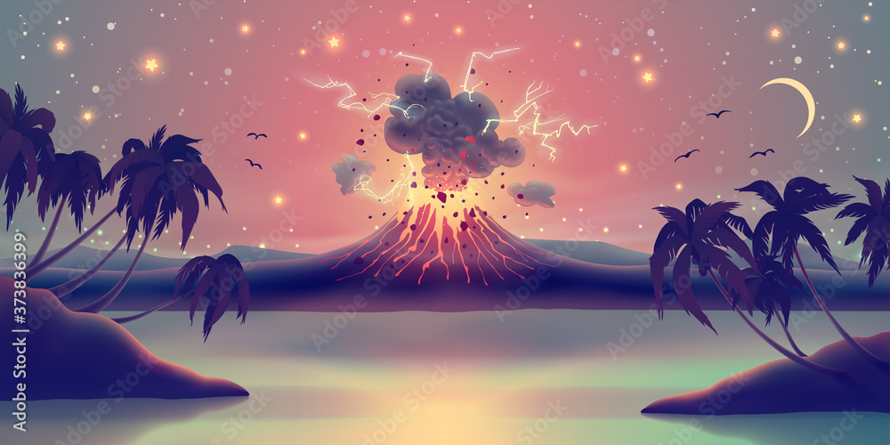 Landscape with eruption from volcano crater, glowing lava, sea, palm trees silhouette against starry evening sky. Digital vector illustration. - obrazy, fototapety, plakaty 