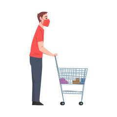 Poster - Man in Medical Face Mask Standing with Shopping Cart, Guy Shopping Groceries at Mall or Supermarket, Illness Prevention Concept Cartoon Style Vector Illustration