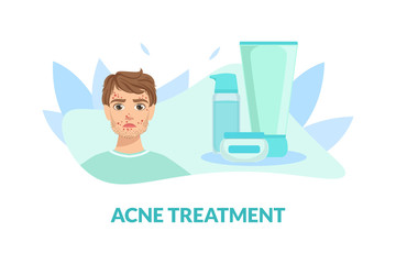 Wall Mural - Acne Treatment Banner Template, Guy with Skin Problems Vector Illustration