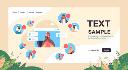 Poster - arab operator with headset chatting with arabic clients call center agent in web browser window customer support service concept portrait horizontal copy space vector illustration