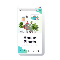 Wall Mural - arabic women taking care of houseplants girls having virtual meeting during video call smartphone screen full length copy space vector illustration