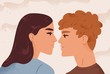 Man and woman in passion before first kiss vector flat illustration. Couple looking to each other with love and tenderness. Romantic scene of people dating. Love story or Valentines day concept